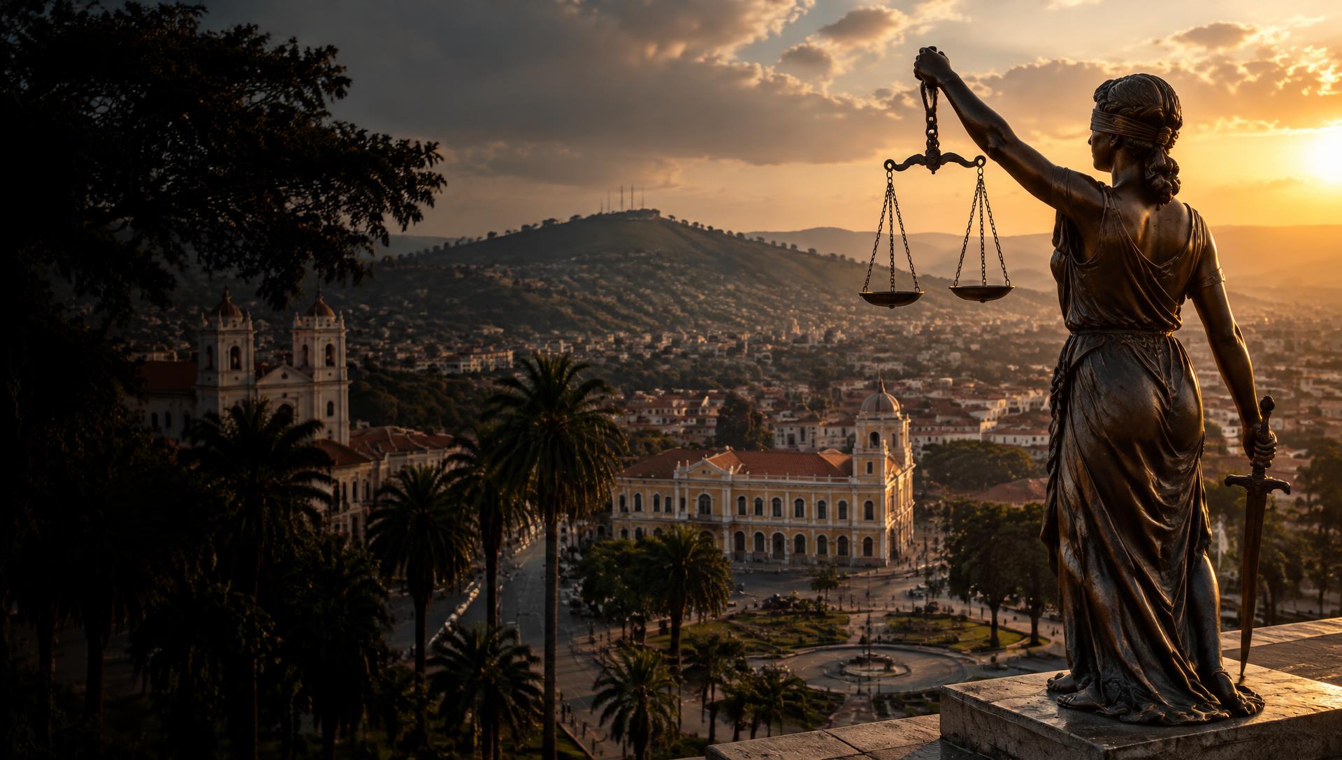 Estátua da justiça sobre a cidade do Huambo ao entardecer